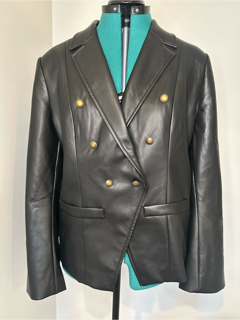 Double-Breasted Black Faux Leather Blazer Jacket